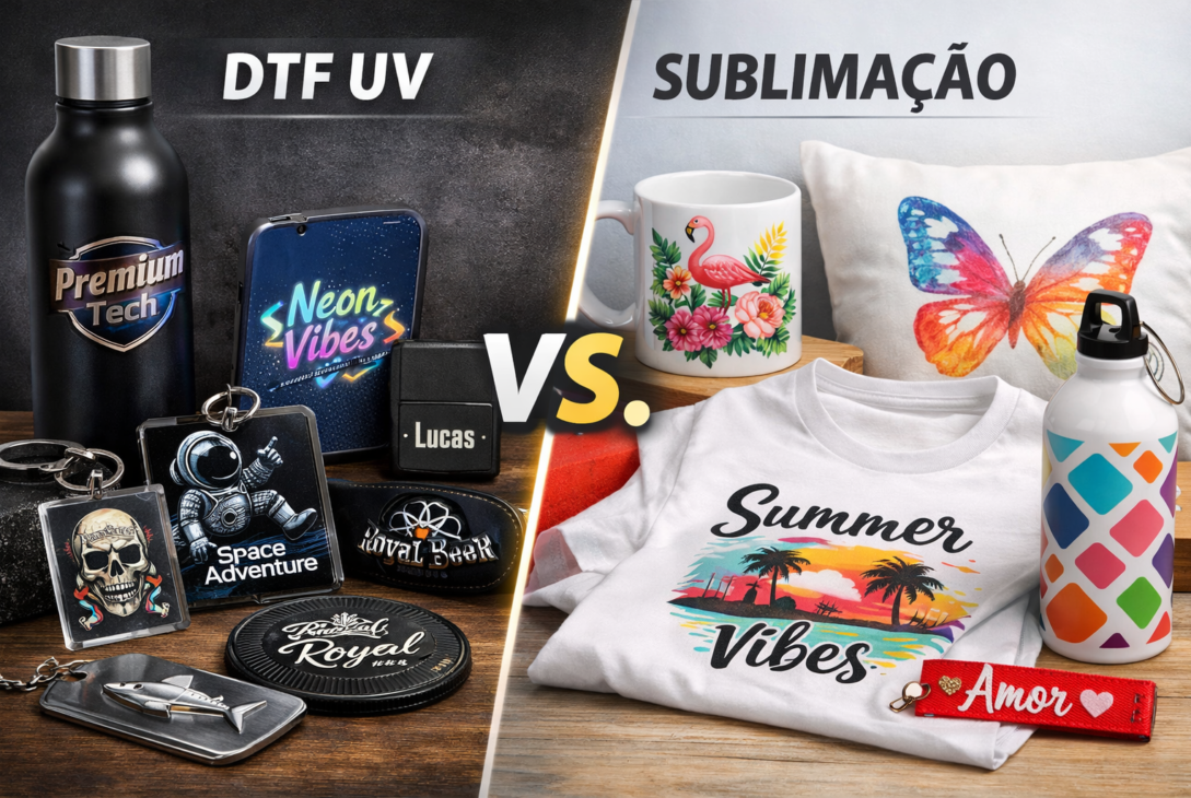 Imagem comparativa entre DTF UV e sublimação para brindes. À esquerda, produtos rígidos personalizados com DTF UV, como garrafa metálica, chaveiros, celular e placas com acabamento brilhante e relevo. À direita, itens de sublimação como caneca, camiseta, almofada e squeeze com estampas coloridas em fundo claro. No centro, o texto “DTF UV vs Sublimação"