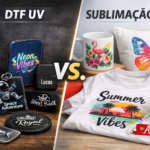 Imagem comparativa entre DTF UV e sublimação para brindes. À esquerda, produtos rígidos personalizados com DTF UV, como garrafa metálica, chaveiros, celular e placas com acabamento brilhante e relevo. À direita, itens de sublimação como caneca, camiseta, almofada e squeeze com estampas coloridas em fundo claro. No centro, o texto “DTF UV vs Sublimação"
