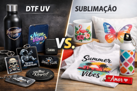 Imagem comparativa entre DTF UV e sublimação para brindes. À esquerda, produtos rígidos personalizados com DTF UV, como garrafa metálica, chaveiros, celular e placas com acabamento brilhante e relevo. À direita, itens de sublimação como caneca, camiseta, almofada e squeeze com estampas coloridas em fundo claro. No centro, o texto “DTF UV vs Sublimação"