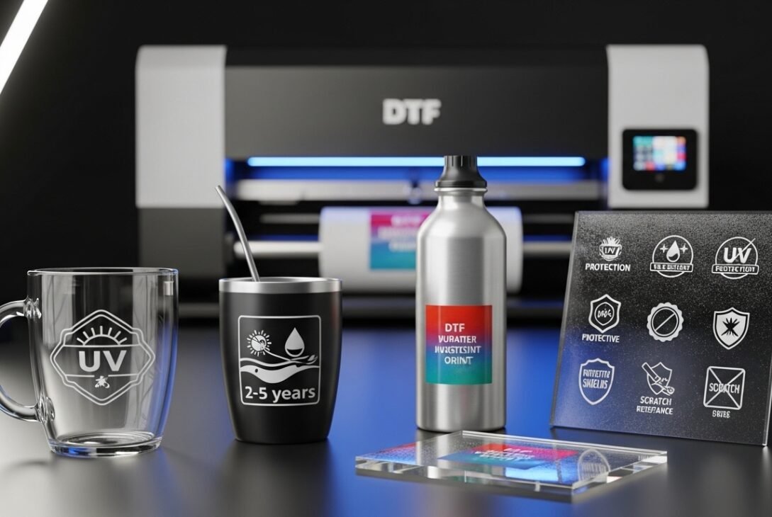 Imagem realista de itens personalizados com impressão DTF UV — caneca de vidro, copo, squeeze de alumínio e placa de acrílico — com adesivos em leve relevo e acabamento brilhante. As estampas destacam durabilidade e resistência, com ícones de proteção UV, água e riscos, em um ambiente profissional com impressora UV ao fundo.