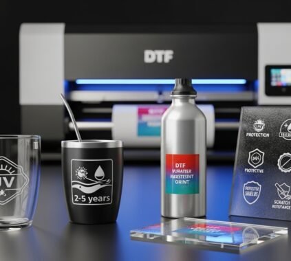 Imagem realista de itens personalizados com impressão DTF UV — caneca de vidro, copo, squeeze de alumínio e placa de acrílico — com adesivos em leve relevo e acabamento brilhante. As estampas destacam durabilidade e resistência, com ícones de proteção UV, água e riscos, em um ambiente profissional com impressora UV ao fundo.