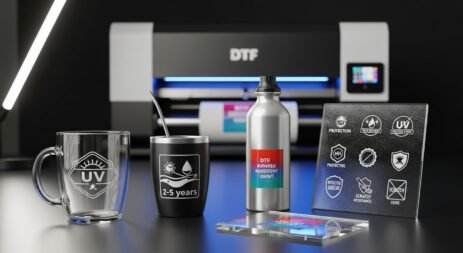 Imagem realista de itens personalizados com impressão DTF UV — caneca de vidro, copo, squeeze de alumínio e placa de acrílico — com adesivos em leve relevo e acabamento brilhante. As estampas destacam durabilidade e resistência, com ícones de proteção UV, água e riscos, em um ambiente profissional com impressora UV ao fundo.