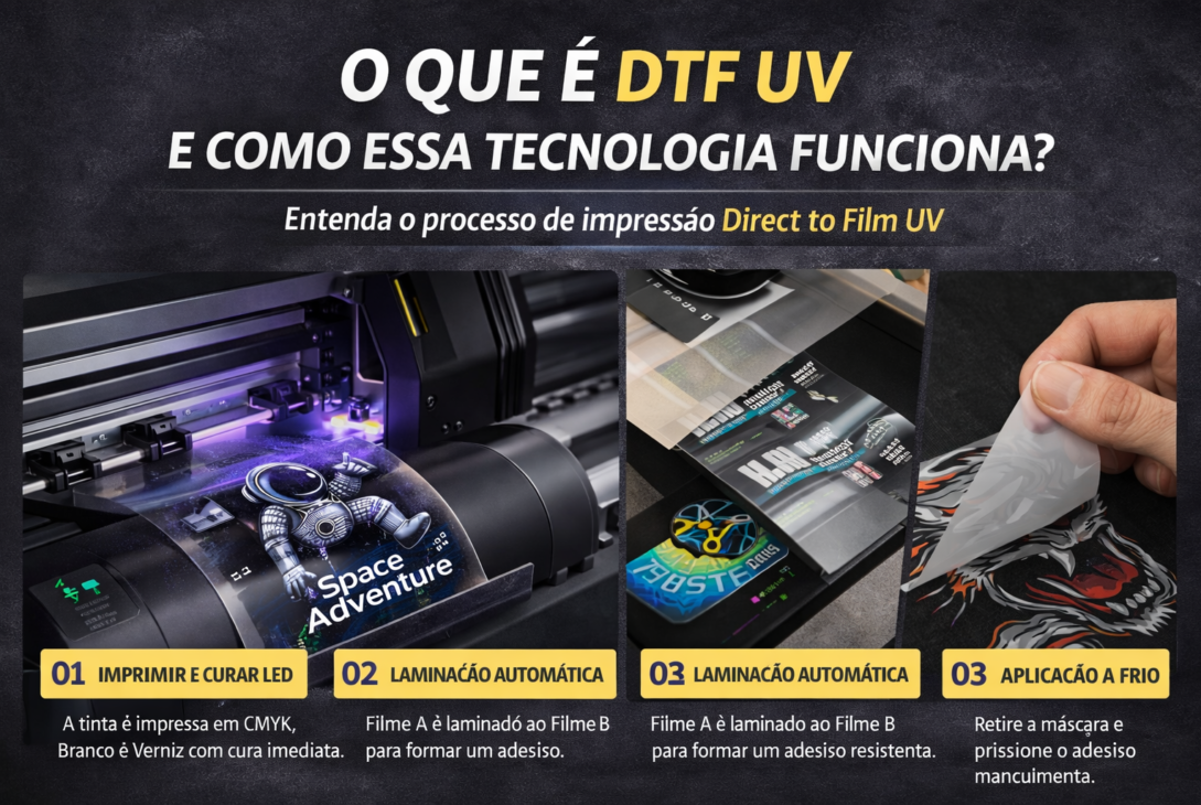 Sequência visual do processo DTF UV mostrando três etapas: impressão de adesivo em filme com impressora UV, laminação do material para formar o transfer e aplicação manual do adesivo em superfície escura, destacando cores vibrantes e acabamento em relevo.