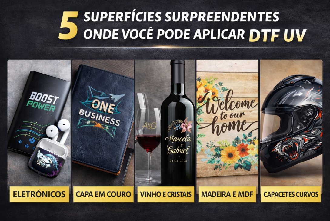 Imagem promocional mostrando cinco superfícies para aplicação de DTF UV: eletrônicos personalizados como power bank e fones, capa de agenda em couro com relevo, garrafa de vinho e taça de cristal customizadas, placa decorativa em madeira ou MDF e capacete com estampa aplicada em superfície curva.